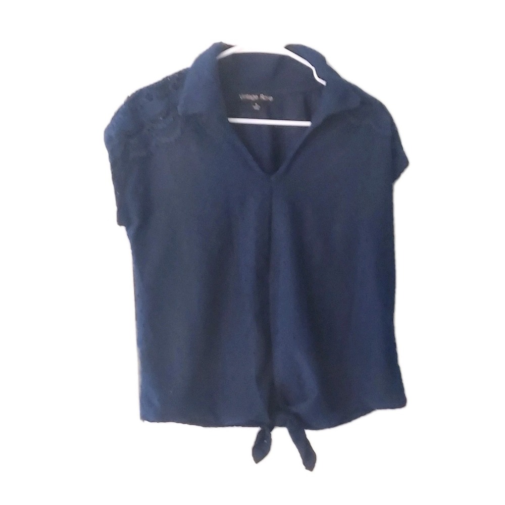 Vintage Rose Navy Eyelet‎ Lace Waist Tie Blouse Side Medium
